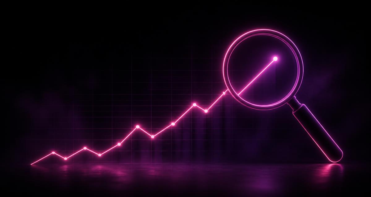 Neon pink upward-trending line chart merging into a magnifying glass outline on a dark background