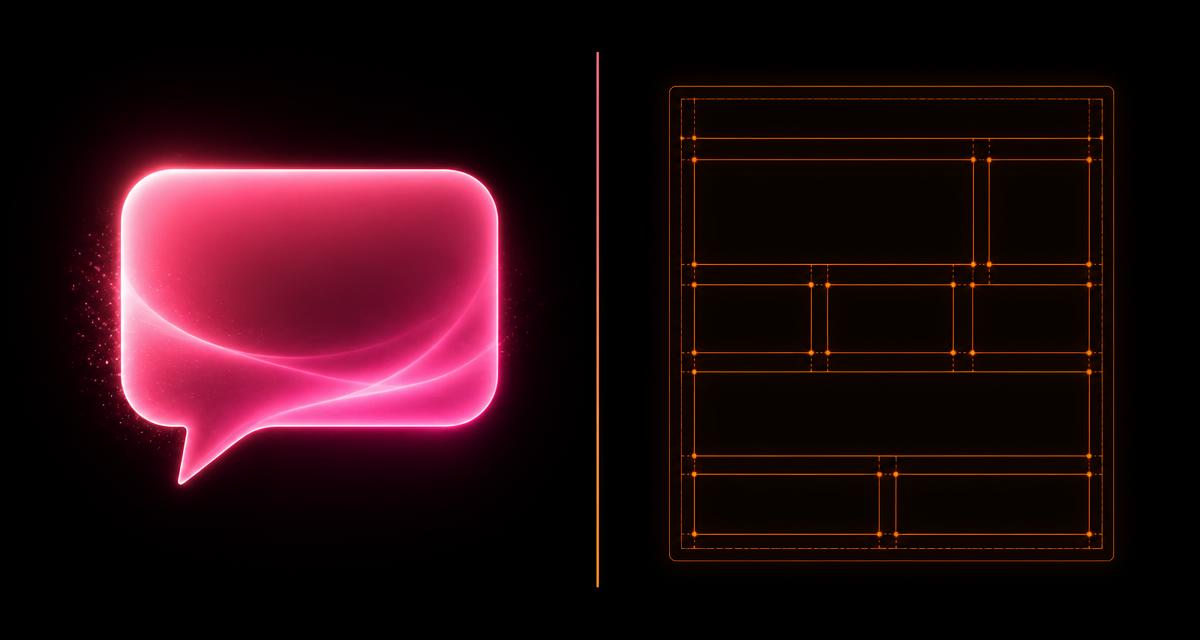 Glowing pink chat bubble beside an orange wireframe page-builder layout, illustrating chat versus visual editing